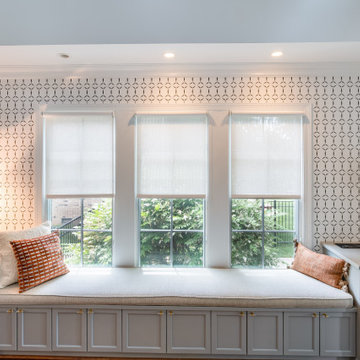 Symmetrical Window Bench with Geometric Wallpaper