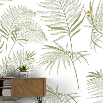 Harmony, Subtle Green Leaves in White Wallpaper