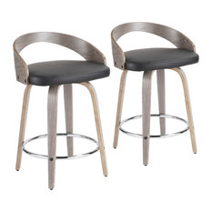 Grotto Counter Stools With Swivels, Set of 2, Light Gray Wood, Black, Pu, Chrome