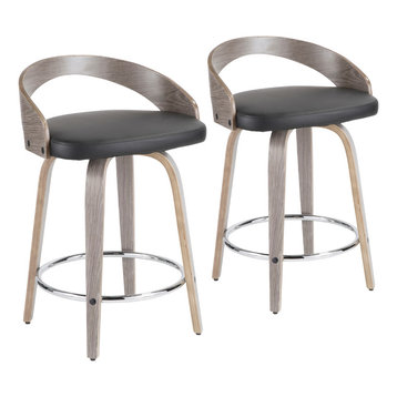 Grotto Counter Stools With Swivels, Set of 2, Light Gray Wood, Black, Pu, Chrome