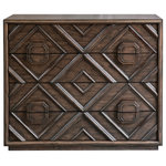 Uttermost - Mindra 4 Drawer Chest - With a transitional deep walnut finish over mindi veneer, naturally distressed and hand rubbed to expose natural undertones, this four drawer chest features an updated geometric carved molding front over a floating plinth base.