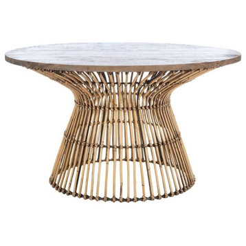 Contemporary Coffee Table, Black Jawit Rattan Base, Round Top, Honey Brown Wash