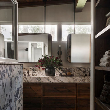 Antique Elm Ceiling Paneling and Box Beams in Modern Lakehouse Bathroom