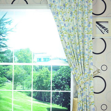 Daisy Chain Back Tab Printed Cotton Curtain Carolina Blue Color