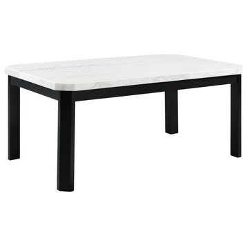 Transitional Dining Table, Rectangular Marble Top With Svelte Legs, White/Black