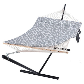Hammock With Stand, Rope Hammock & Reversible Polyester Pad, Gray Circle Pattern