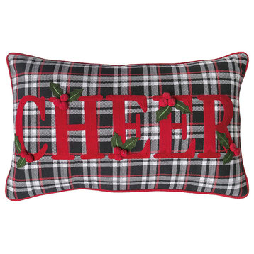 Black Plaid Cheer Embroidered Pillow