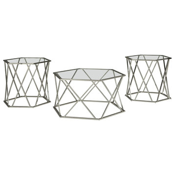 Modern Coffee Set, Chrome Geometric Base and Glass Top, Hexagonal Design