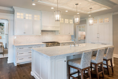 This is an example of an expansive transitional single-wall eat-in kitchen in Philadelphia with a farmhouse sink, recessed-panel cabinets, white cabinets, marble benchtops, panelled appliances, dark hardwood floors and with island.
