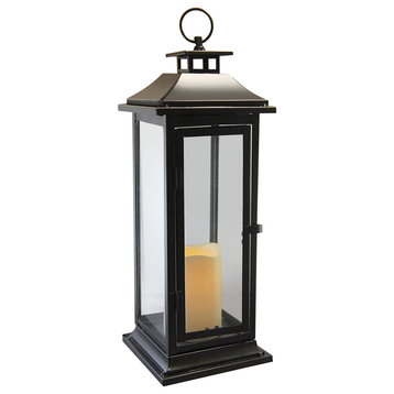 Metal Lantern with Flickering LED Candle, Black Traditional