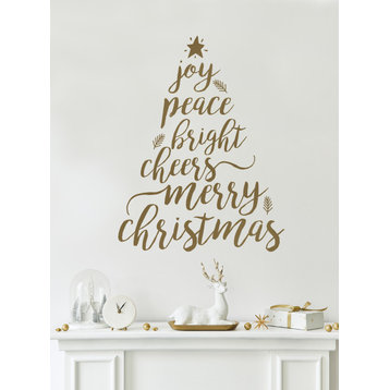 Holiday Christmas Tree Words Wall Decal, Gold, Merry Christmas