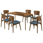 Armen Living - Kalia 7-Piece Wood Dining Set, Walnut Finish With Blue Fabric - The Kalia 7-piece Wood Dining Set from Armen Living will enhance any dining space. The dining table features softly curved edges to maintain a modern and inviting edge in any room. Included in this dining table set is 1 dining table and 6 dining chairs. The tabletop is enlivened with natural grains of wood that are juxtaposed at an angle to bring rich character. Inspired by mid-century modern design, the dining chairs embrace a soft and inviting profile. They feature a gracefully curved and contoured back that lends sturdy back support. Complemented with beautifully curved and angled legs, the chairs vouch for a sculptural and charming presence. They feature a generously padded seat to provide the perfect combo of style and comfort. This dining set is crafted in a combination of engineered and rubberwood to provide durability and easy maintenance for your daily meals and formal dinners. This dining set is available in your choice of a walnut wood finish with charcoal, blue, or orange fabric upholstery or a gray finish with gray fabric upholstery.
