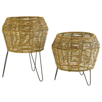 Set of Two Round Seagrass Planteres on Iron Stands