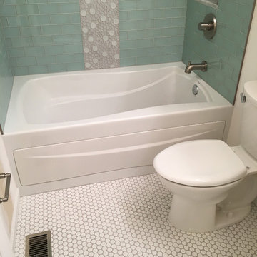 Bath with Seafoam Glass Subway Tiles and Bubbles!