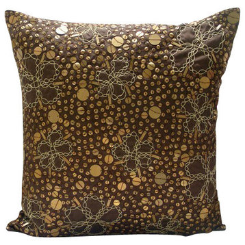 Metal Sequins Brown Art Silk 18"x18" Pillow Cover, Total Sophistication