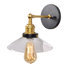 The District Retro Wall Sconce, Black and Gold Finish, Clear Glass Shade