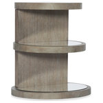 Hooker Furniture - Affinity Round End Table - Symmetry and style come together in the Affinity Round Table, featuring three shelves with glass inserts in tapering sizes and a tactile greige sand-blasted finish on Quartered Oak Veneers. The top shelf is 18 _ wide, the middle shelf is 20 inches wide, and the lower shelf is 22 inches wide.