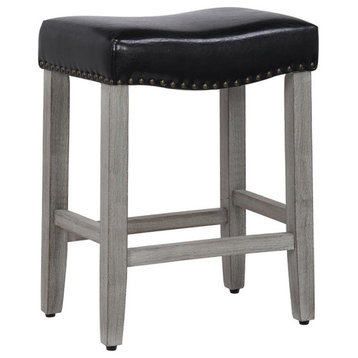 Trent Home 24" Upholstered Saddle Seat Counter Stool in Black Leather