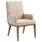 Lexington - Marino Upholstered Arm Chair - This fully upholstered arm dining chair design is available as shown in the Medford fabric 412412, a linen weave pattern in soft shades of ivory and taupe with an extremely soft hand. The elongated leg extends into the side for a dramatic flair. As with any dining chair, the rich hazelnut finish is available only as shown.