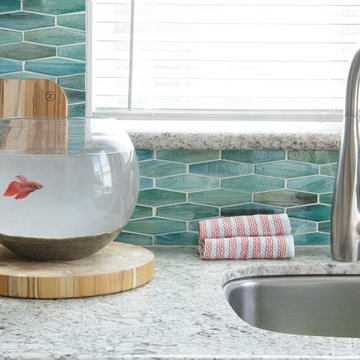 Colorful Teal Backsplash in Hex patten