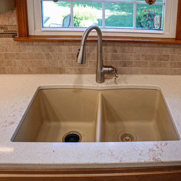 Two Tone Kitchen w/ Eucalyptus Green Island, Beige Quartz Countertops, Wine Bar