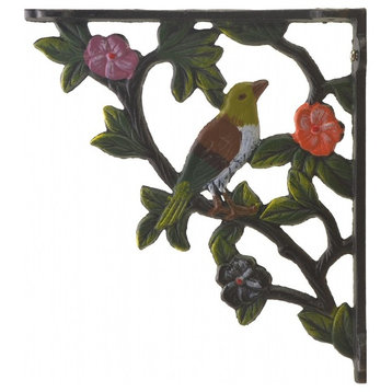 Decorative Cast Iron Wall Shelf Bracket, Bird On Branch, Color, 7.625" Deep