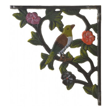 Decorative Cast Iron Wall Shelf Bracket, Bird On Branch, Color, 7.625" Deep