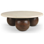 Meridian Furniture - Treviso Marble Coffee Table, Beige, Walnut Finish - Revolutionize your space with the beige marble Treviso coffee table, presenting a luxurious sofito beige genuine marble top and solid mango wood walnut-finished bases. This table combines elegance with robustness to ensure your space radiates sophistication and charm. The three round ball-shaped bases offer a unique Art Deco design that captures attention, making this coffee table the perfect centerpiece for any living room.