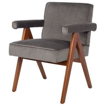 Contemporary Accent Chair, A-Shaped Sides With Padded Arms, Dark Gray Velvet
