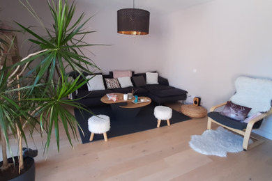Idées déco pour un petit salon scandinave ouvert avec un mur rose, parquet clair, cheminée suspendue et un téléviseur indépendant.