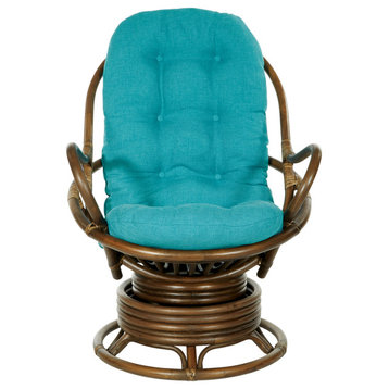 Kauai Rattan Swivel Rocker Chair, Blue Fabric and Brown Frame