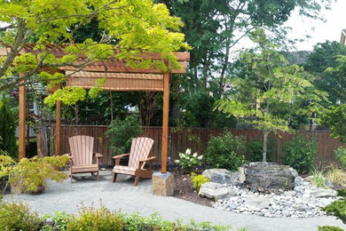 Large traditional backyard partial sun garden in Portland with a water feature.