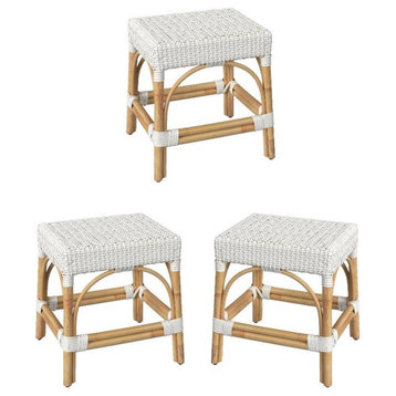 Home Square 18" Rattan Rectangular Dining Stool in White - Set of 3