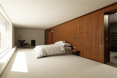 Photo of an expansive modern master bedroom in London with grey walls, porcelain flooring, a wood burning stove, grey floors, wood walls and a metal fireplace surround.