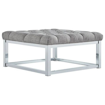 Unique Coffee Table/Ottoman, Chrome Base, Button Tufted Fabric Seat, Light Gray, Light Gray