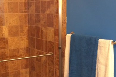 Alcove shower - large transitional ceramic tile alcove shower idea in Other with blue walls