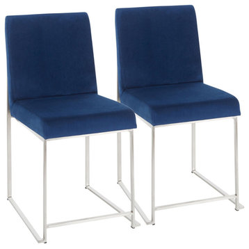 High Back Fuji Dining Chair, Set of 2, Brushed Stainless Steel, Blue Velvet