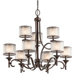Kichler - Chandelier 9-Light, Mission Bronze - This 9 light, 2 tier chandelier from the Lacey Collection offers a beautiful contrast, melding the charm of Olde World style with clean modern-day materials. It starts with our new Mission Bronze Finish and bold, unadorned rounded-arm styling. It finishes with avant-garde double shades made of decorative mesh screens and Opal inner glass. For additional chain, order 4901MIZ
