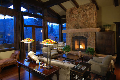 Living room - craftsman open concept medium tone wood floor living room idea in Seattle