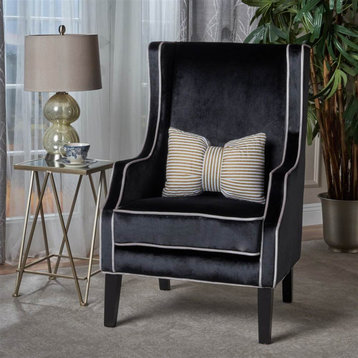 Accent Chair, Soft Velvet Seat and High Back With Piping Detail, Black/Pearl