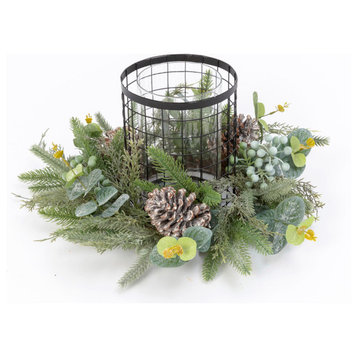 17-in L Holiday Centerpiece w/ Metal & Glass Candle Holder