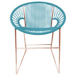 Innit Designs - PuertoDiner, Blue on Copper - The Puerto Sled Chair is designed for commercial  and residential spaces as a dining chair or side chair for both outdoors  and in.  With a similar design but a smaller footprint than our Concha  chair, the Puerto Sled fits into smaller spaces.  It has a generous  backrest and since it's a woven rather than a fully closed construction,  it keeps the aesthetic of the rest of your designed space feeling very  open.The Puerto Sled Chair is comfortable, many say surprisingly  comfortable, without a cushion and is made to last stylishly for years  with its durable powder coated steel frame and colorfast, UV-resistant  woven vinyl cord.  Also available in Chrome and copper plated /  rose-gold frame finishes - suitable for indoor use only.  Proudly  handmade in Toronto.