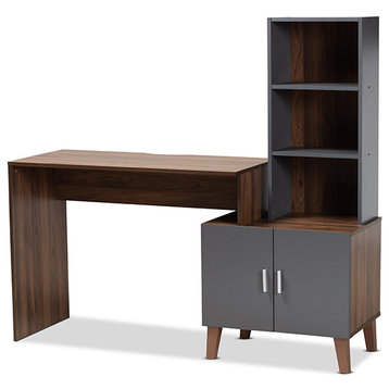 Getler Contemporary Two-Tone Walnut Brown and Dark Gray Wood Desk With Shelves