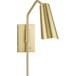 Progress Lighting - Cornett Collection 1-Light Contemporary Wall Sconce, Brushed Gold - Cornett trumpets its arrival on the scene with a blending of timeless modern design. The swing arm sconce features dynamic angles finished in Brushed Gold, offering a dramatic counterpoint to the softly sculpted curves of the matching metal reflector shade. Light is directed out and downwards from its unique, curved construction.