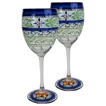 Blue Floral Wine Glasses, Set of 2