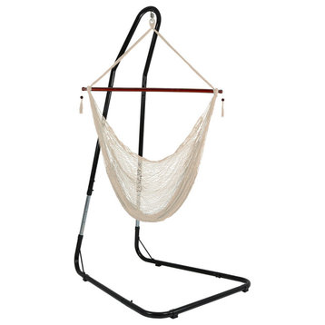 Sunnydaze Cabo Extra-Large Hanging Rope Hammock Chair, Adjustable Stand, Cream