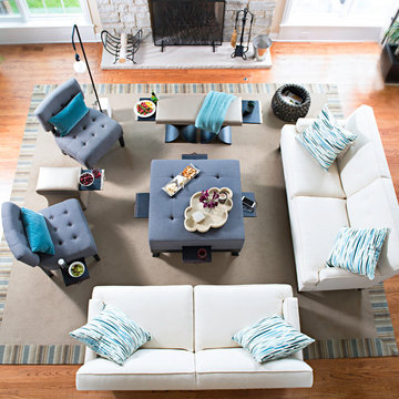 Functional Family Room Furniture: Gray Arm Chair, Gray Ottoman and Metallic Benc