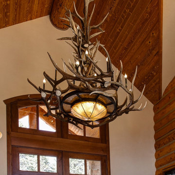 Mt Bross Elk Antler Chandelier with Rawhide & Mica Iron Base, Extra Large – 22 L
