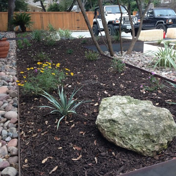 Detail; Pale Leaf Yucca &Copper Canyon Daisy, Variegated Flax Lily in Rear