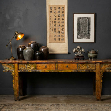 Vintage Chinese Orange Yellow Long Dragon Carving Console Table GB804